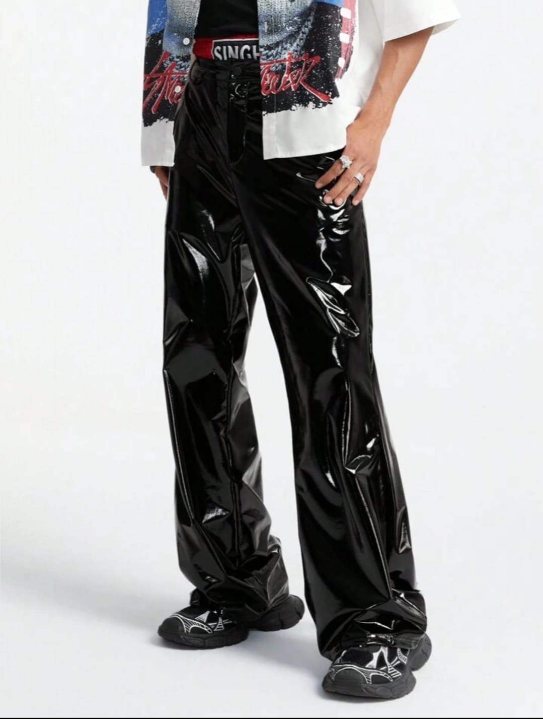 Men's Black Patent Leather Wide-Leg Pants – Glossy Streetwear Statement Trousers